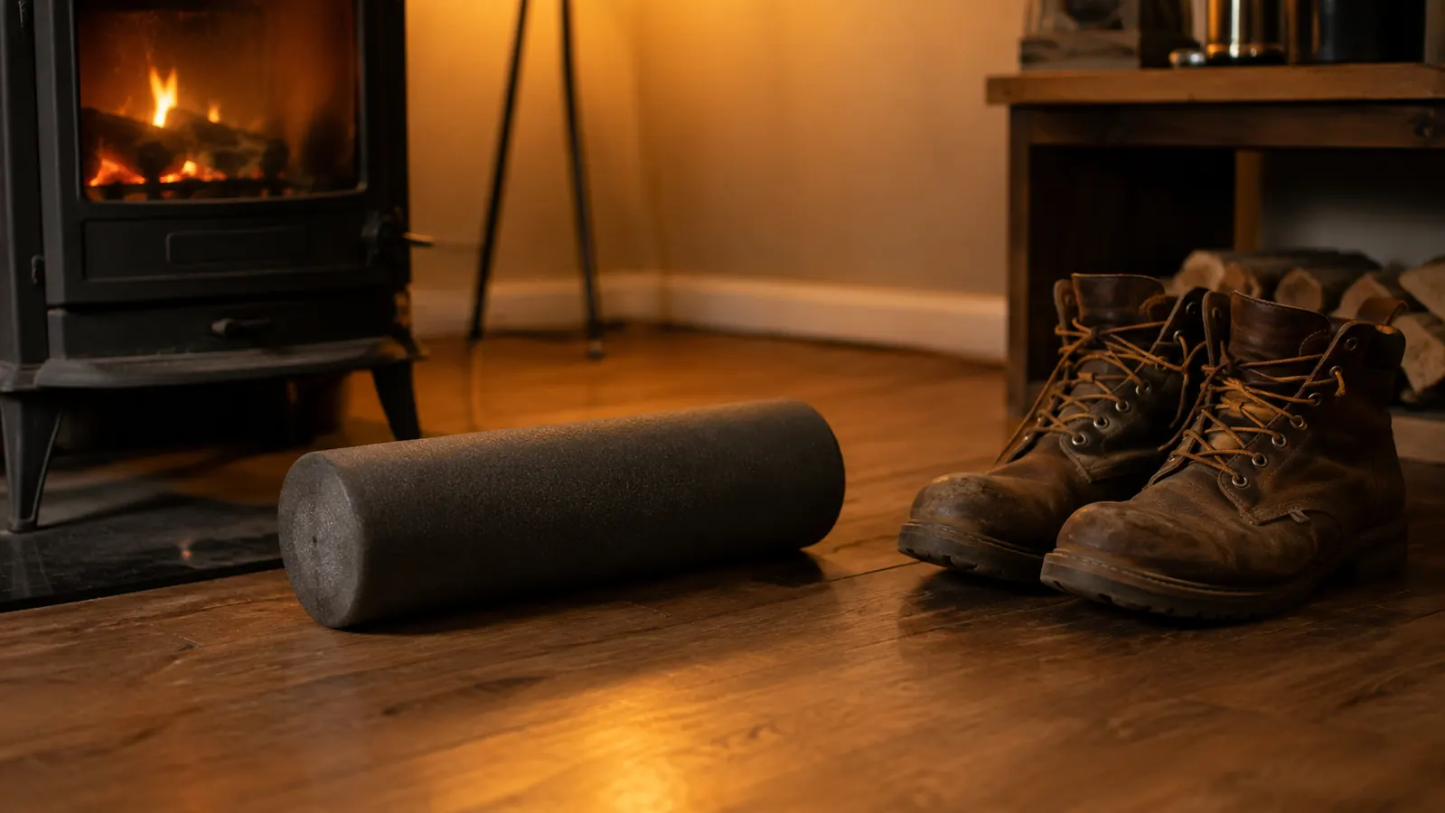 A cylindrical foam roller lying on a wooden floor beside a pair of worn work boots and a wood stove