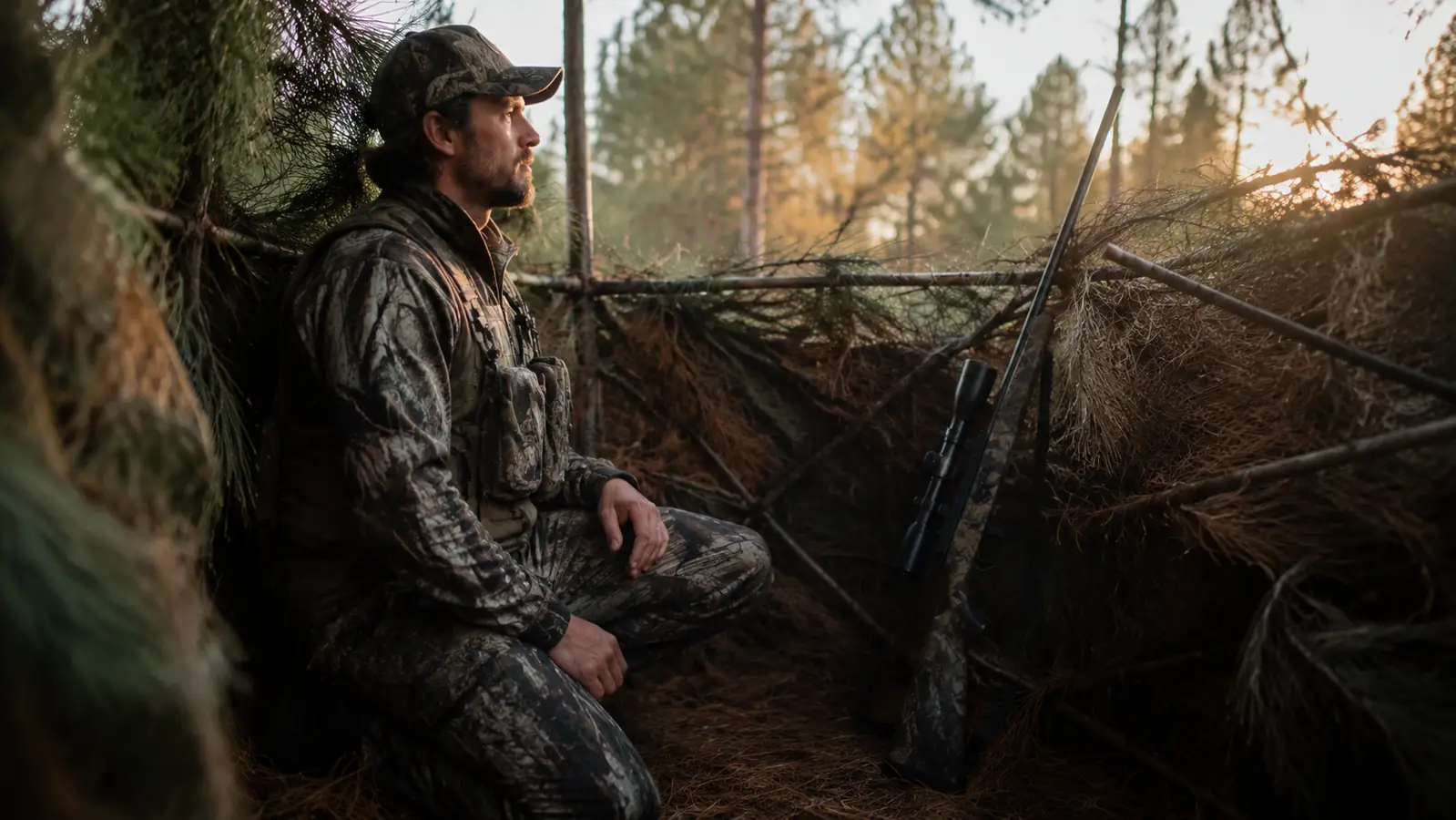 A hunter kneeling on one knee on pine duff in a ground blind at dawn, rifle propped against the blind wall