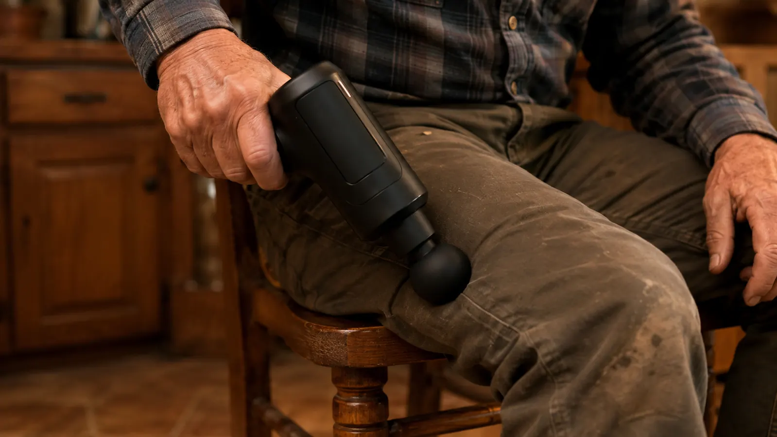 A weathered hand pressing the massage gun against the back of a thigh over worn work pants, seated on a wooden chair in warm lamp light.