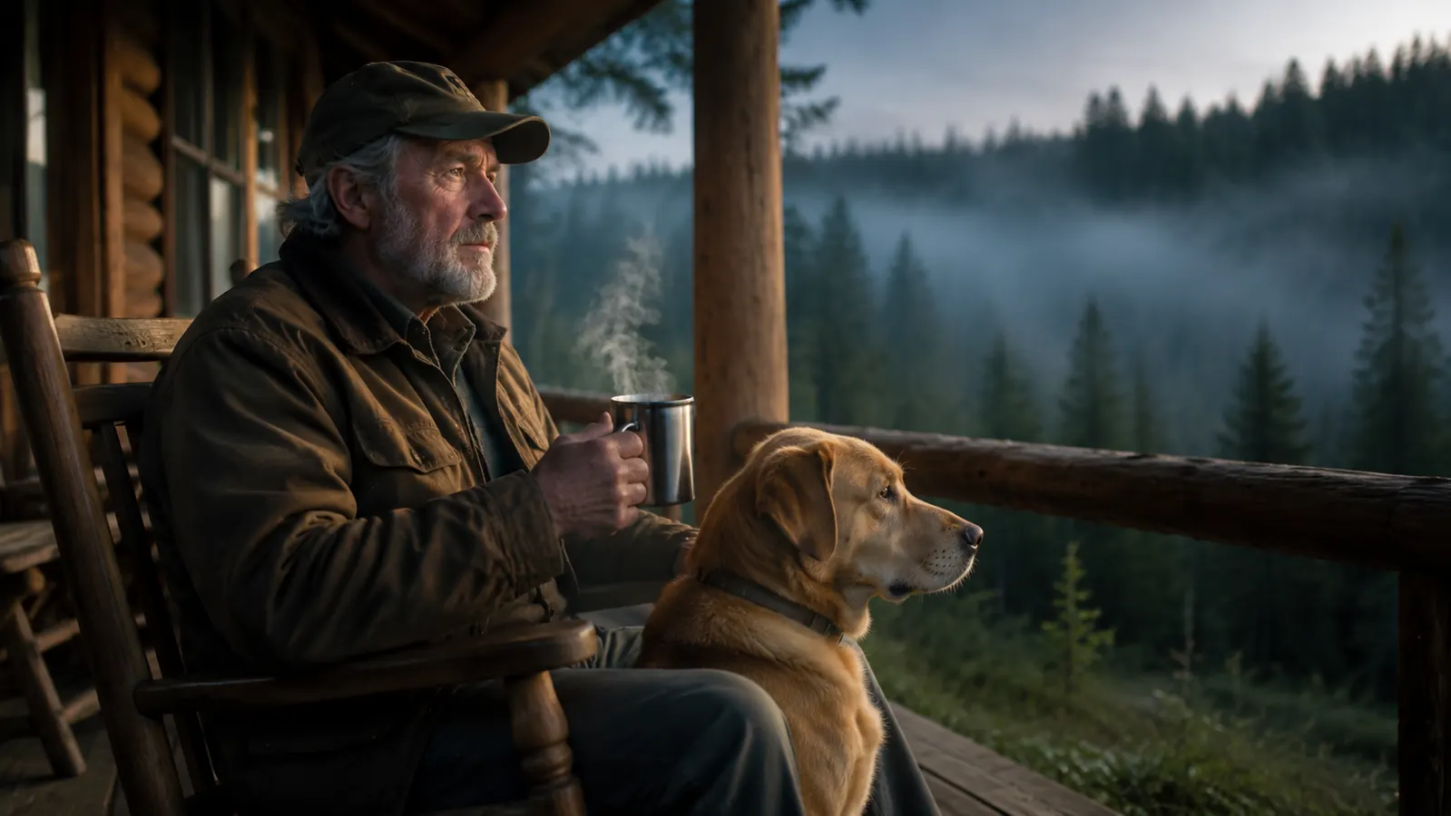 An older man and his dog sitting on a cabin porch at first light, a steaming thermos mug in his hand, mist hanging over the treeline.