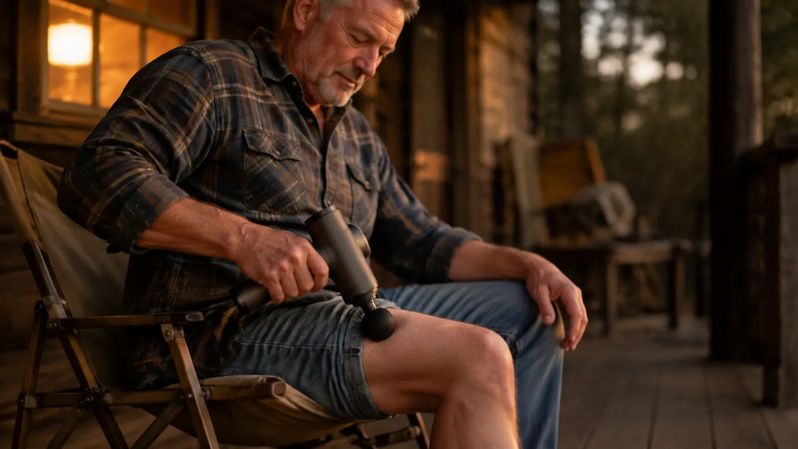 A hand holding the percussion massage gun against the back of a thigh while seated in a canvas camp chair on a cabin porch