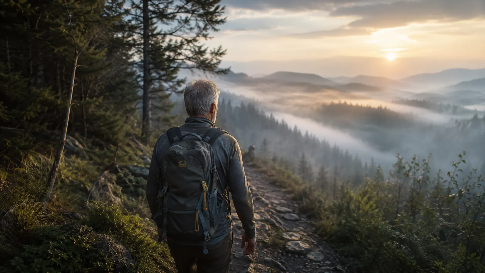 First light on a wooded ridge, a man in his sixties with a day pack heading down a trail through low mist